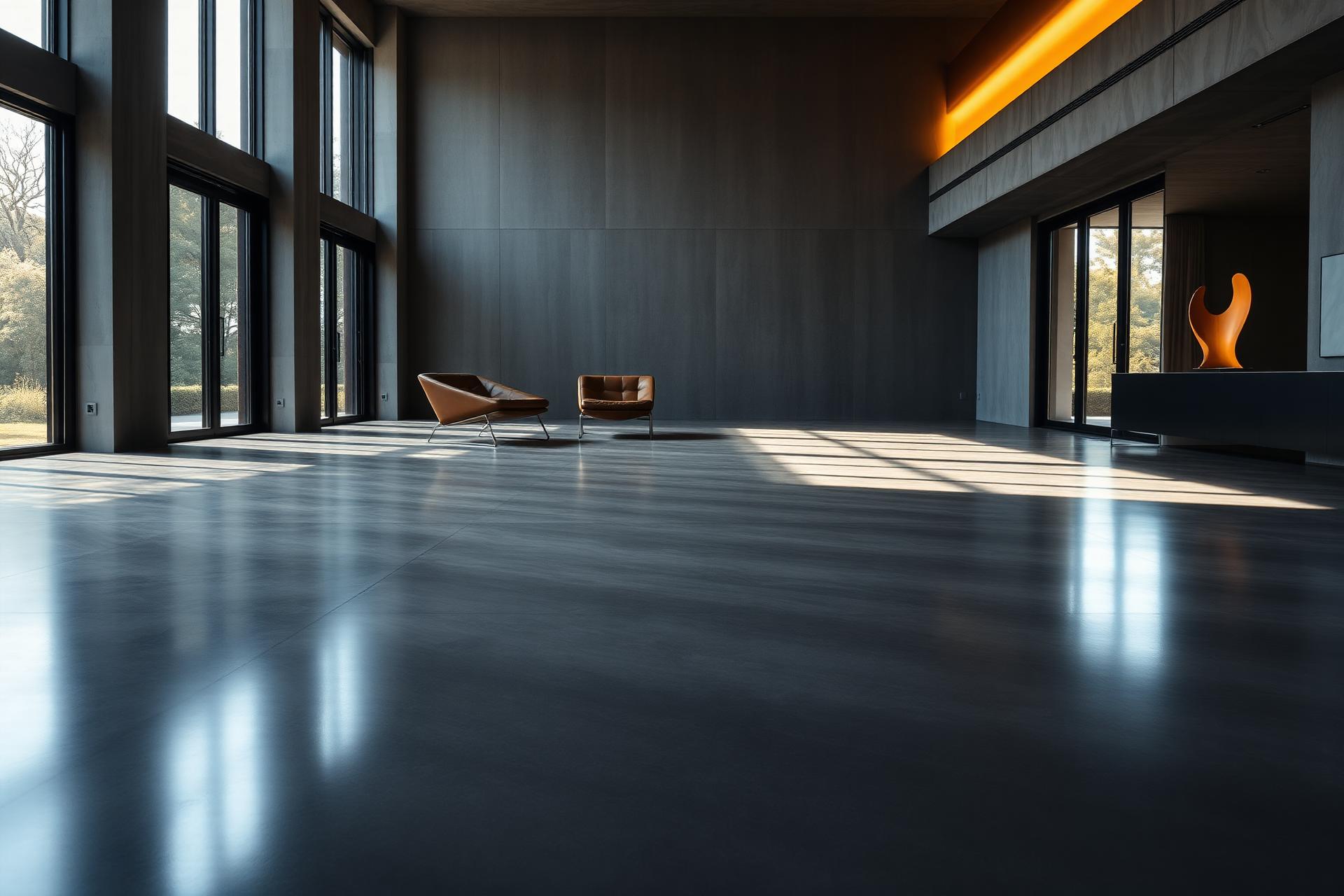 Interno architettonico con pavimento continuo in resina grigio antracite, luce naturale radente