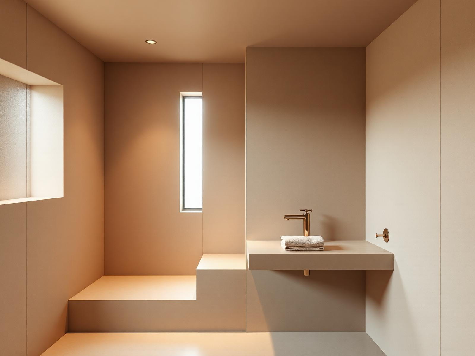 Bagno rivestito in microcemento color osso, doccia continua senza fughe