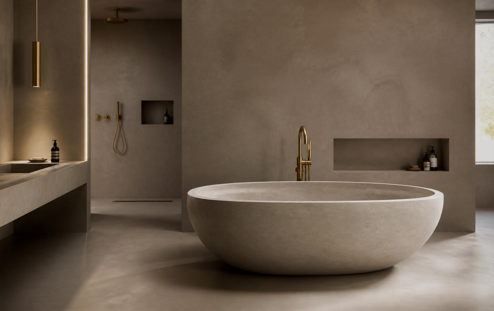 Bagno minimalista rivestito in microcemento continuo, vasca in pietra