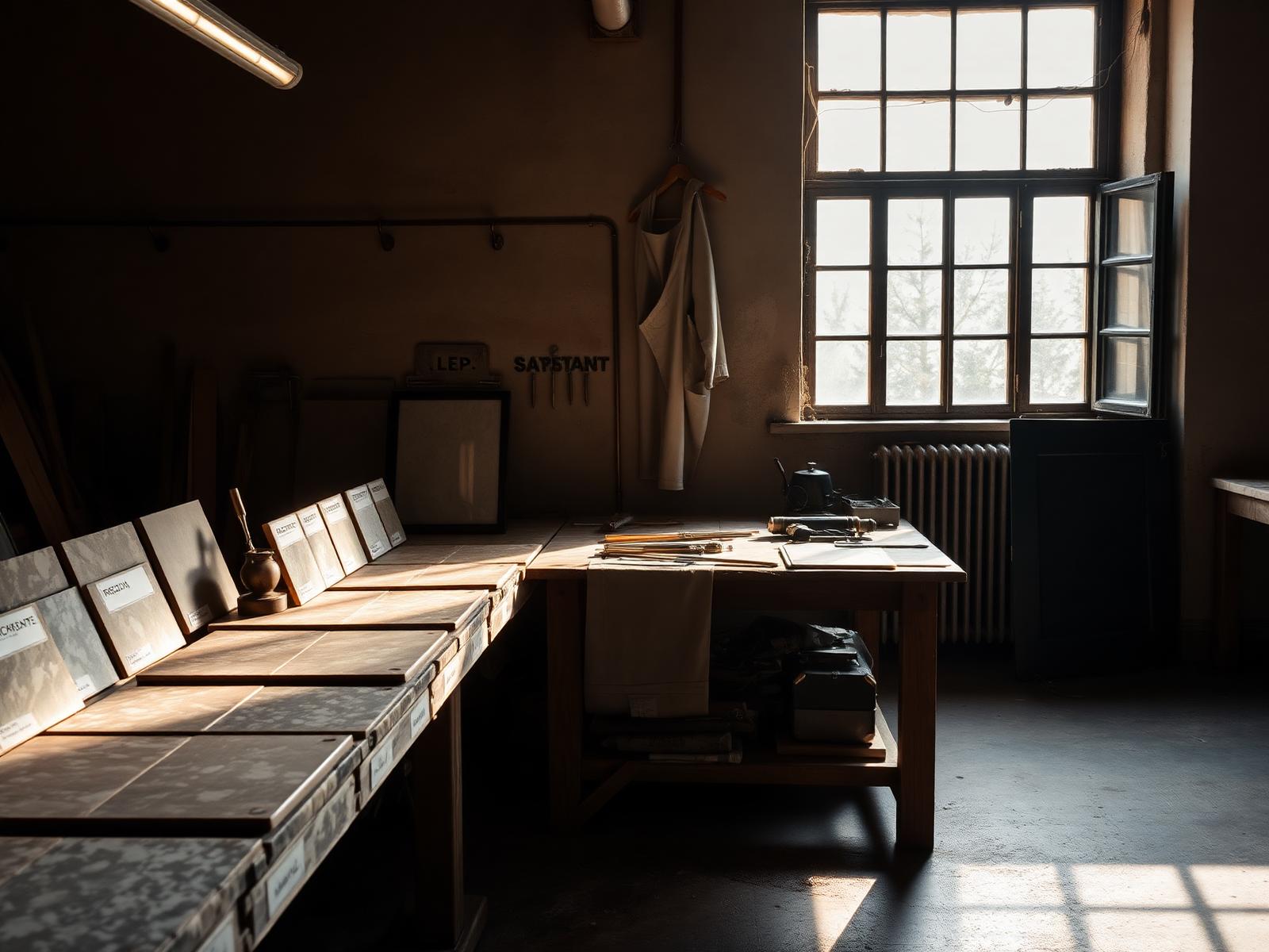 Laboratorio campioni di Project Cloud a San Giuseppe di Bassano, con tavolo e tavole di materiali